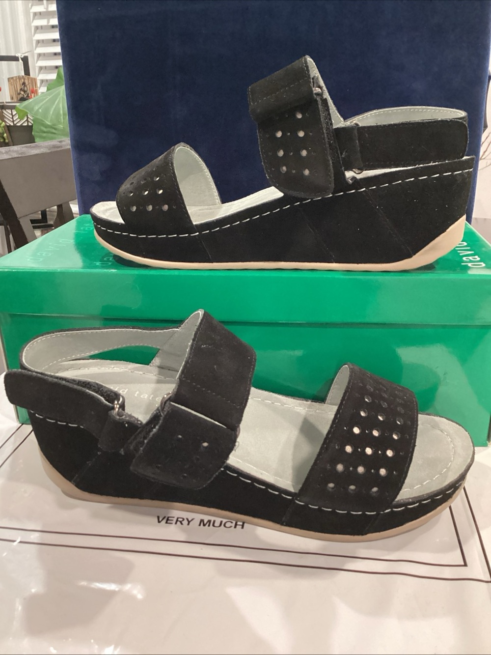 David Tate Idol Black Suede Perforated Wedge Sandals 8WW